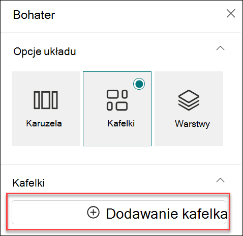 zrzut ekranu przedstawiający dodawanie kafelka składnika Web Part element główny