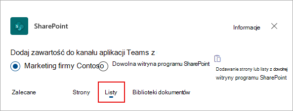 Wybierz pozycję Listy, aby dodać listy do kanału aplikacji Teams.