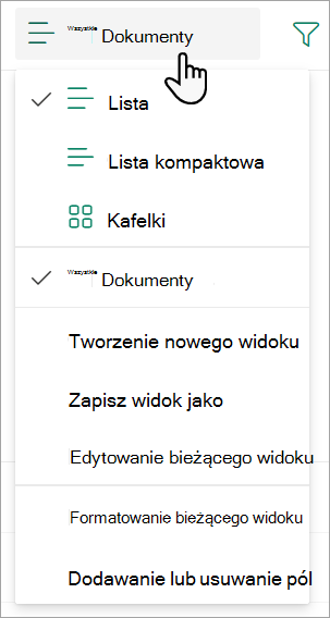 Zrzut ekranu przedstawiający listę rozwijaną Wszystkie dokumenty służącą do zmieniania widoku listy.