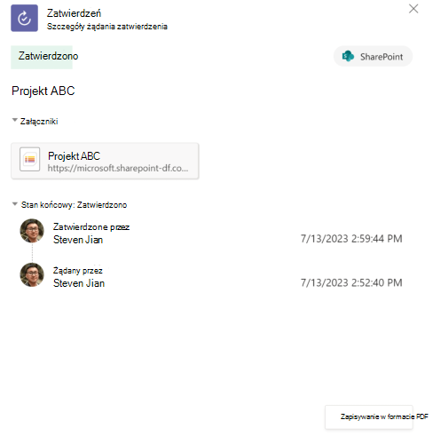 Zrzut ekranu przedstawiający historię zatwierdzania elementów listy w aplikacji.