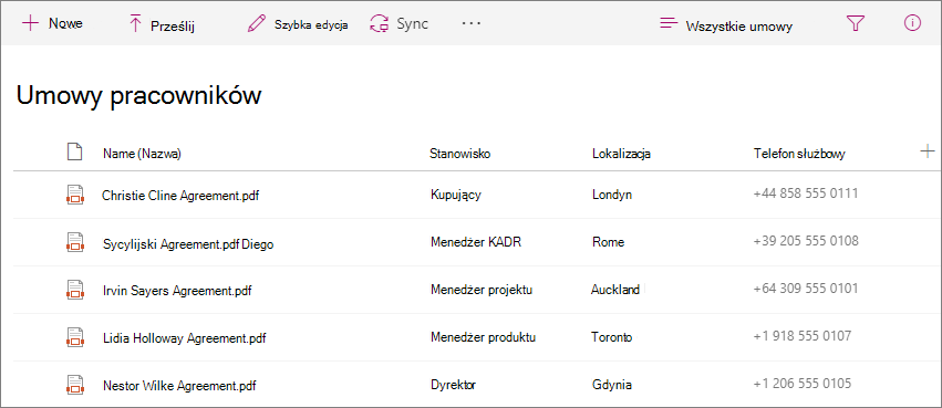 Zrzut ekranu przedstawiający bibliotekę umów pracowników