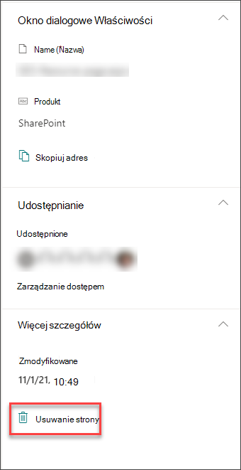 Zrzut ekranu przedstawiający opcję usuwania strony w okienku szczegółów strony