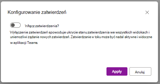 Menu okna dialogowego z przełącznikiem umożliwiającym wyłączenie funkcji zatwierdzania
