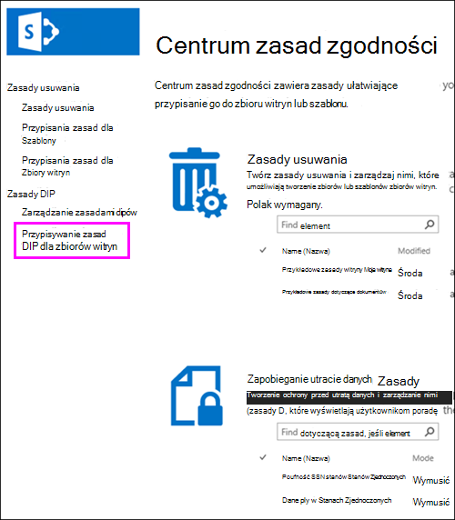 Opcja Przypisania zasad dla zbiorów witryn
