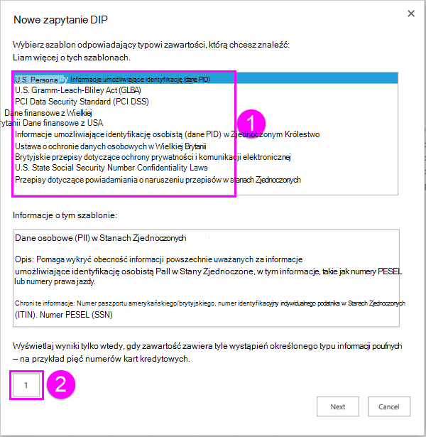 Szablony zasad DLP z opcją minimalnej liczby