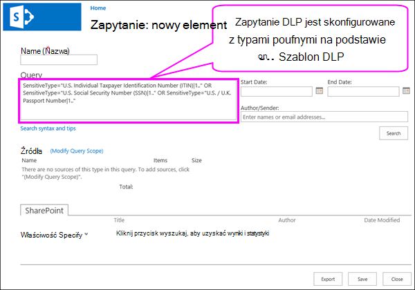Zapytanie DLP zawierające typy informacji poufnych
