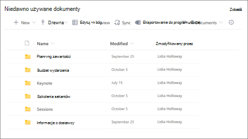 Zrzut ekranu przedstawiający składnik Web Part biblioteki dokumentów