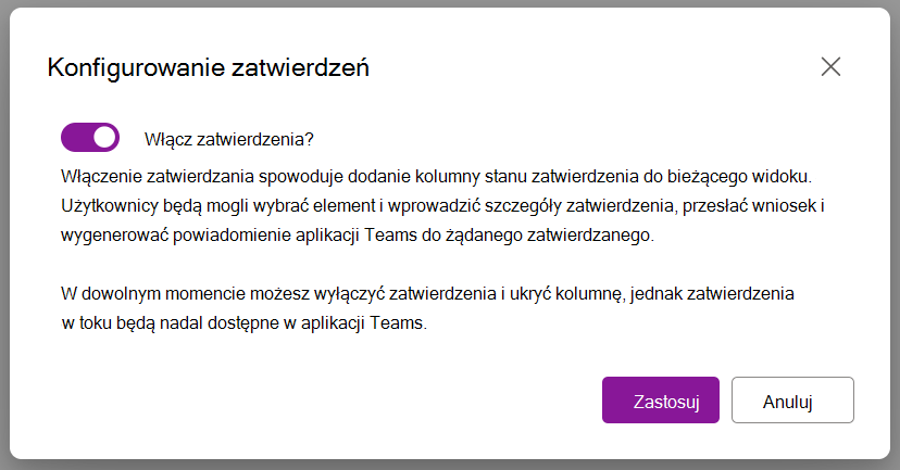 Zrzut ekranu przedstawiający opcję okna dialogowego umożliwiającą włączanie zatwierdzania