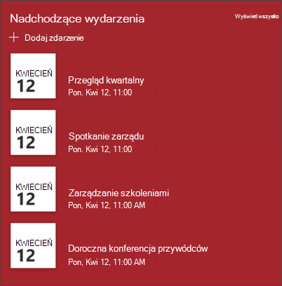 Zrzut ekranu przedstawiający składnik Web Part zdarzeń