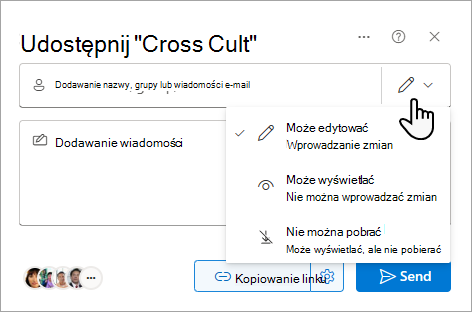 Okno dialogowe Udostępnianie z opcjami pliku udostępnionego.
