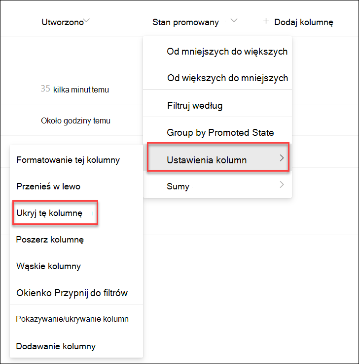 zrzut ekranu przedstawiający ukrywanie kolumny
