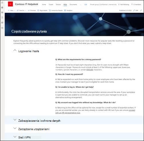 Podgląd strony witryny często zadawanych pytań.