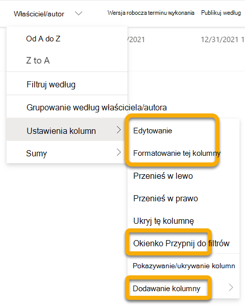 Gdy pracujesz w trybie offline, opcje niedostępne są wyszarzone. Te opcje zostaną przywrócone po nawiązaniu połączenia z Internetem.