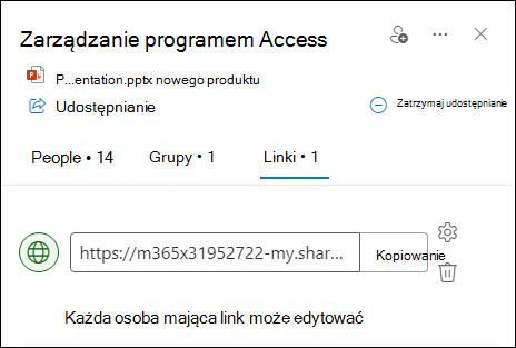 Zrzut ekranu przedstawiający okno dialogowe zarządzanie dostępem z otwartą kartą Linki.