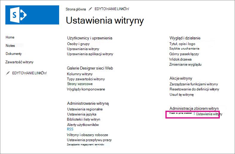 Łącze Przejdź do ustawień witryny najwyższego poziomu