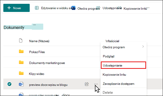 Rozpoczynanie udostępniania dokumentu w bibliotece programu SharePoint