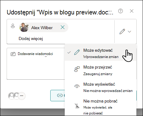 Wybieranie ustawienia uprawnień dla osób zaproszonych do udostępniania dokumentu