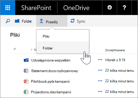 Zrzut ekranu przedstawiający przekazywanie folderu w usłudze OneDrive dla Firm w programie SharePoint Server 2016 z dodatkiem Feature Pack 1