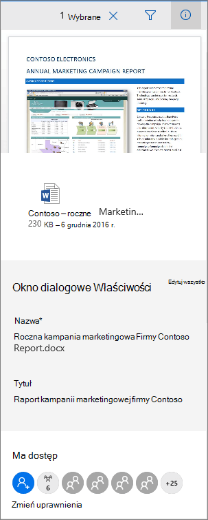 Panel metadanych dokumentu Office 365