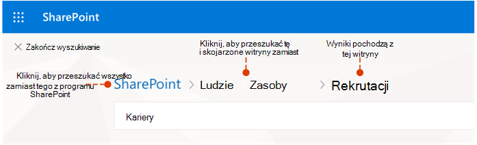 Zrzut ekranu przedstawiający, skąd pochodzą wyniki, oraz alternatywne miejsca do wyszukiwania