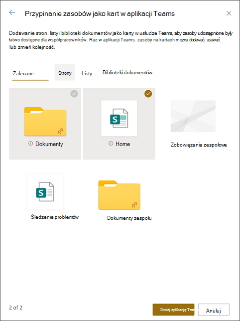 Przypinanie zasobów na kartach