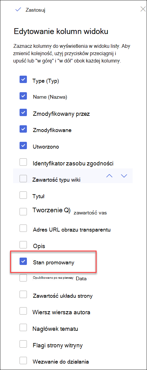 zrzut ekranu przedstawiający wybrany stan promowany
