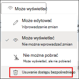 Zrzut ekranu przedstawiający uprawnienia udostępniania z wyróżnioną pozycją Usuń dostęp bezpośredni.