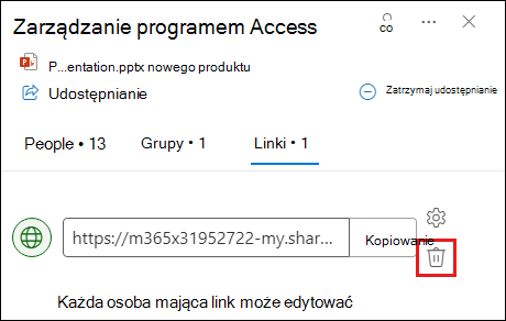 Zrzut ekranu przedstawiający okno dialogowe Zarządzanie dostępem z otwartą kartą linku. Przycisk Usuń link jest wyróżniony.