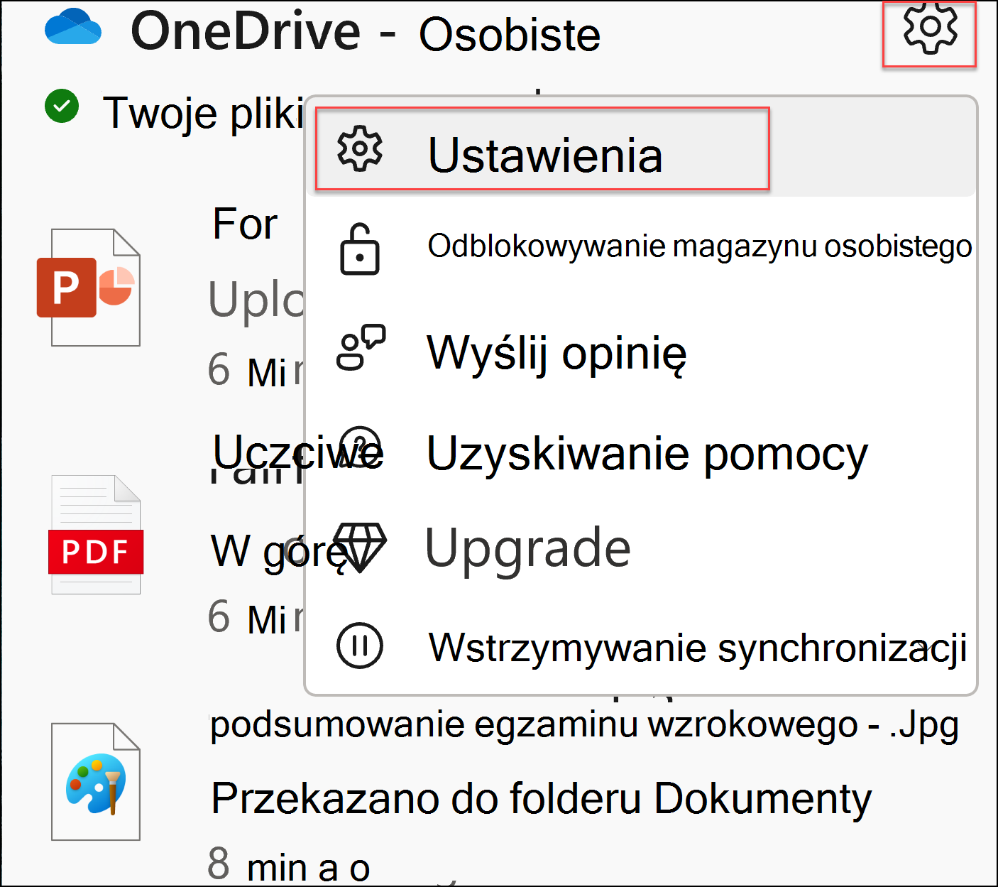 zrzut ekranu przedstawiający ustawienia usługi OneDrive