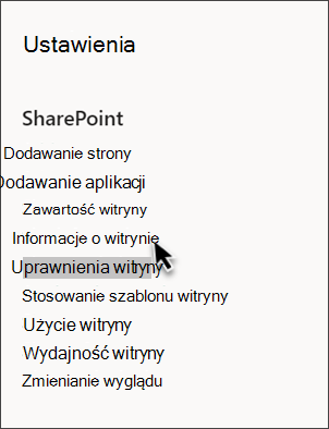 Zrzut ekranu przedstawiający ustawienia programu SharePoint z wybranymi informacjami o witrynie