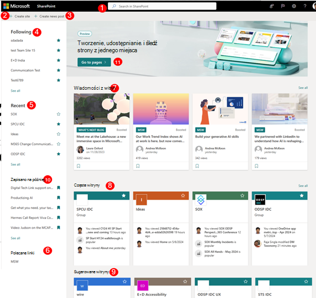 Zrzut ekranu przedstawiający nową stronę początkową programu SharePoint