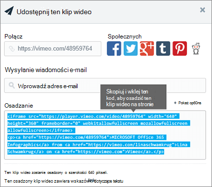 Przykład użycia kodu osadzania w celu osadzenia zawartości na stronie programu SharePoint