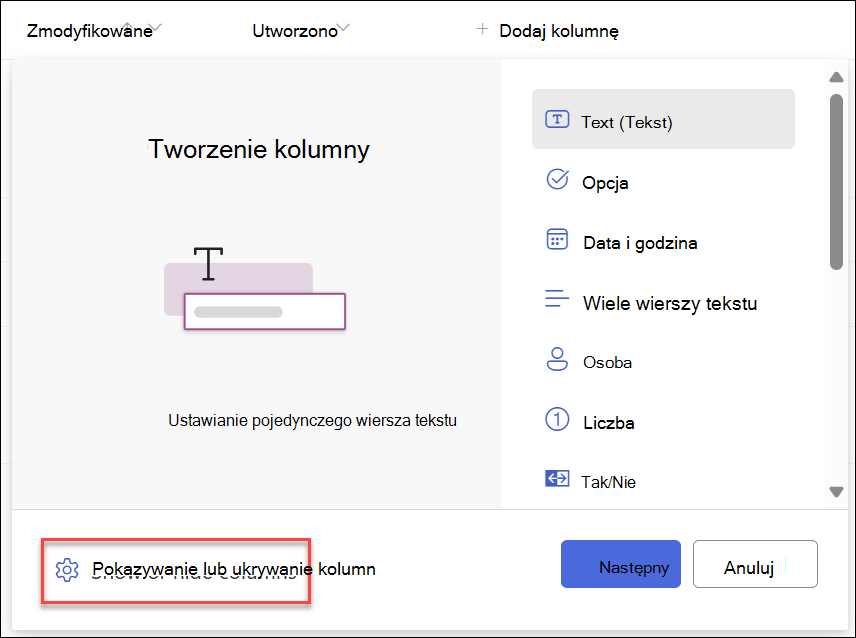 Zrzut ekranu przedstawiający zaznaczoną pozycję Pokaż ukryte kolumny