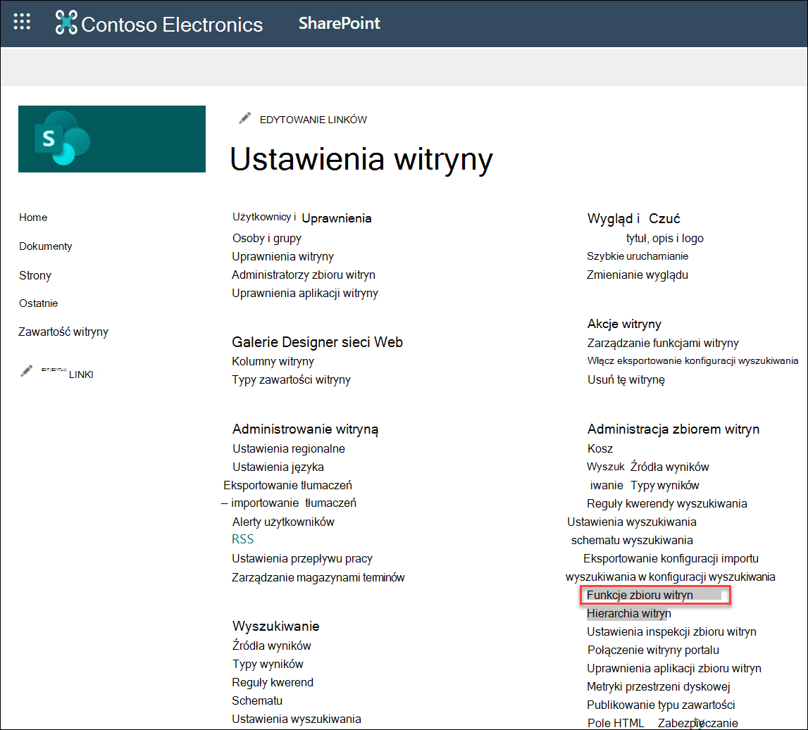 zrzut ekranu przedstawiający wybieranie funkcji zbioru witryn