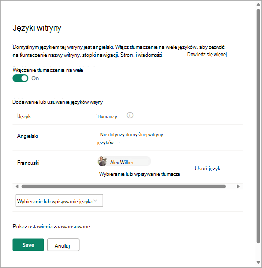 Zrzut ekranu przedstawiający stronę Języki witryny w programie SharePoint.
