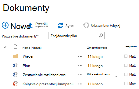 Zrzut ekranu przedstawiający bibliotekę dokumentów w programie SharePoint Server 2016