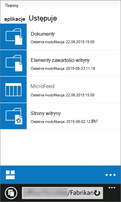Zrzut ekranu przedstawiający widok witryny programu SharePoint Server 2016 na urządzeniu przenośnym