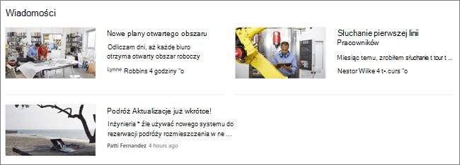 Zrzut ekranu przedstawiający składnik Web Part Wiadomości witryny programu SharePoint, w którym odfiltrowano wpisy
