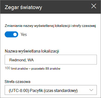 Zestaw narzędzi składnika Web Part Zegar światowy dla witryn programu SharePoint przedstawiający sposób dostosowywania nazwy wyświetlanej i strefy czasowej