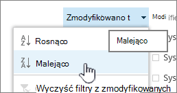 Menu rozwijane sortowania w nagłówku kolumny