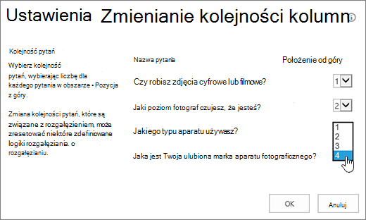 Okno dialogowe Zmienianie kolejności pytań z wyróżnioną listą rozwijaną dotyczącą jednego pytania