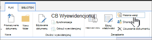 Karta Plik z wyróżnioną pozycją Historia wersji