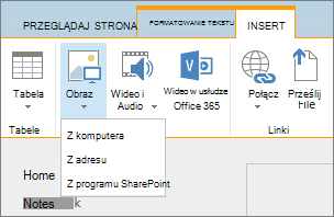 Zrzut ekranu przedstawiający wstążkę usługi SharePoint Online. Wybierz kartę Wstawianie, a następnie pozycję Obraz, aby określić, czy przekazać plik z komputera, adresu internetowego, czy z lokalizacji programu SharePoint.