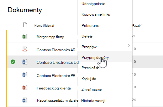 Kliknij pozycję Przypnij do góry, aby wyróżnić dokument