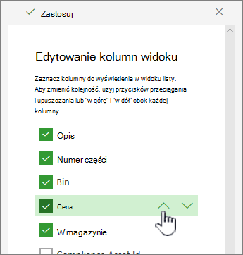 Użyj strzałek w górę lub w dół albo przeciągnij i upuść położenie kolumny