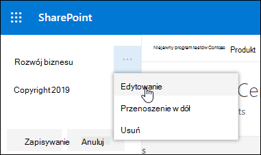 Edytowanie istniejącego linku lub etykiety w stopce w witrynie do komunikacji programu SharePoint.