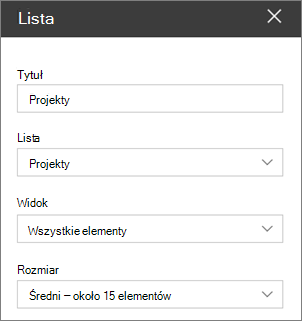Ustawienia składnika Web Part listy