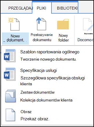 Menu Nowy dokument z dostosowanymi typami zawartości w programie SharePoint
