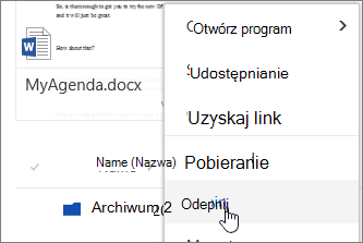 Wyróżniony element menu Odepnij w menu kontekstowy pliku