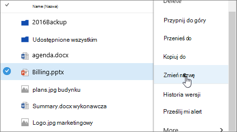 Menu Elipsa z wyróżnioną pozycją Zmień nazwę